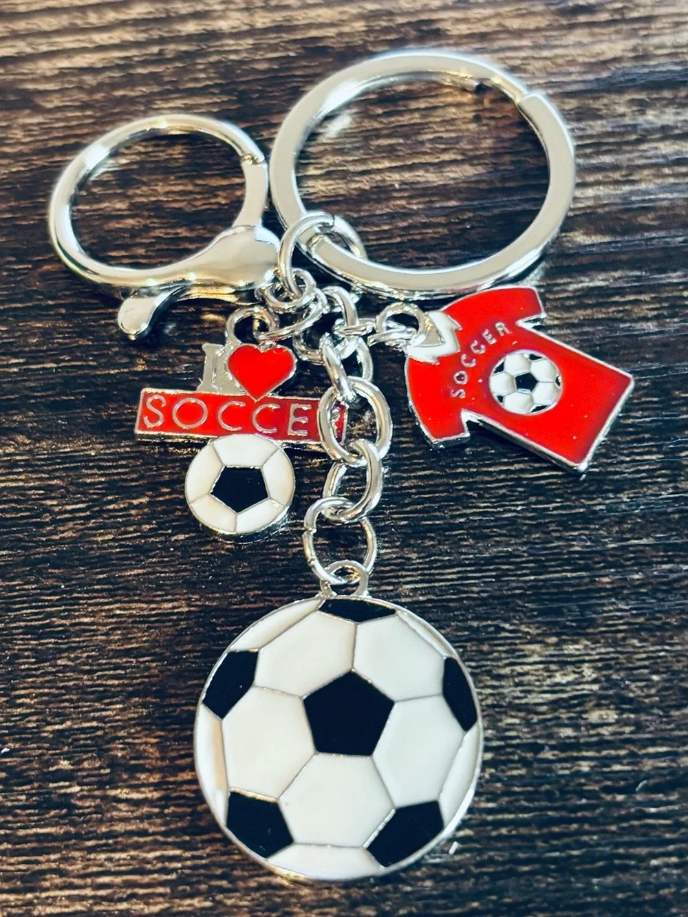 Soccer Keychain Charm‎ - Black & White with Red Accents- Silver Tone
